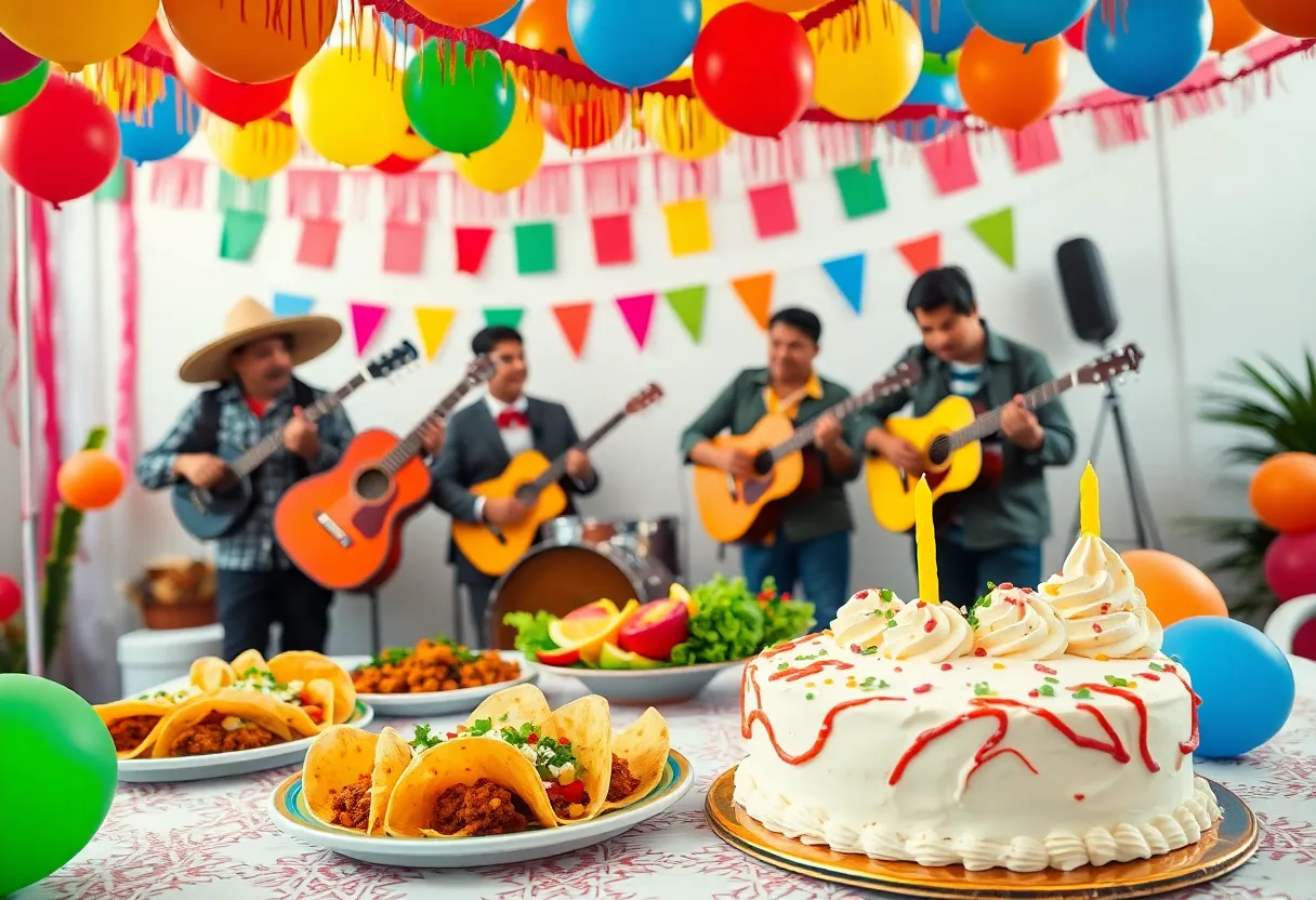Colorful birthday celebration setup with traditional Mexican food and decorations.
