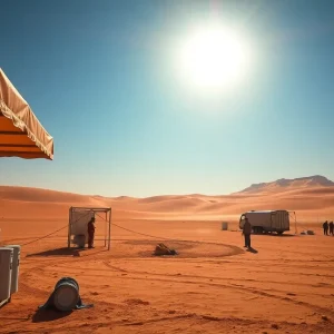 Desert landscape illustrating extreme heat with cooling station