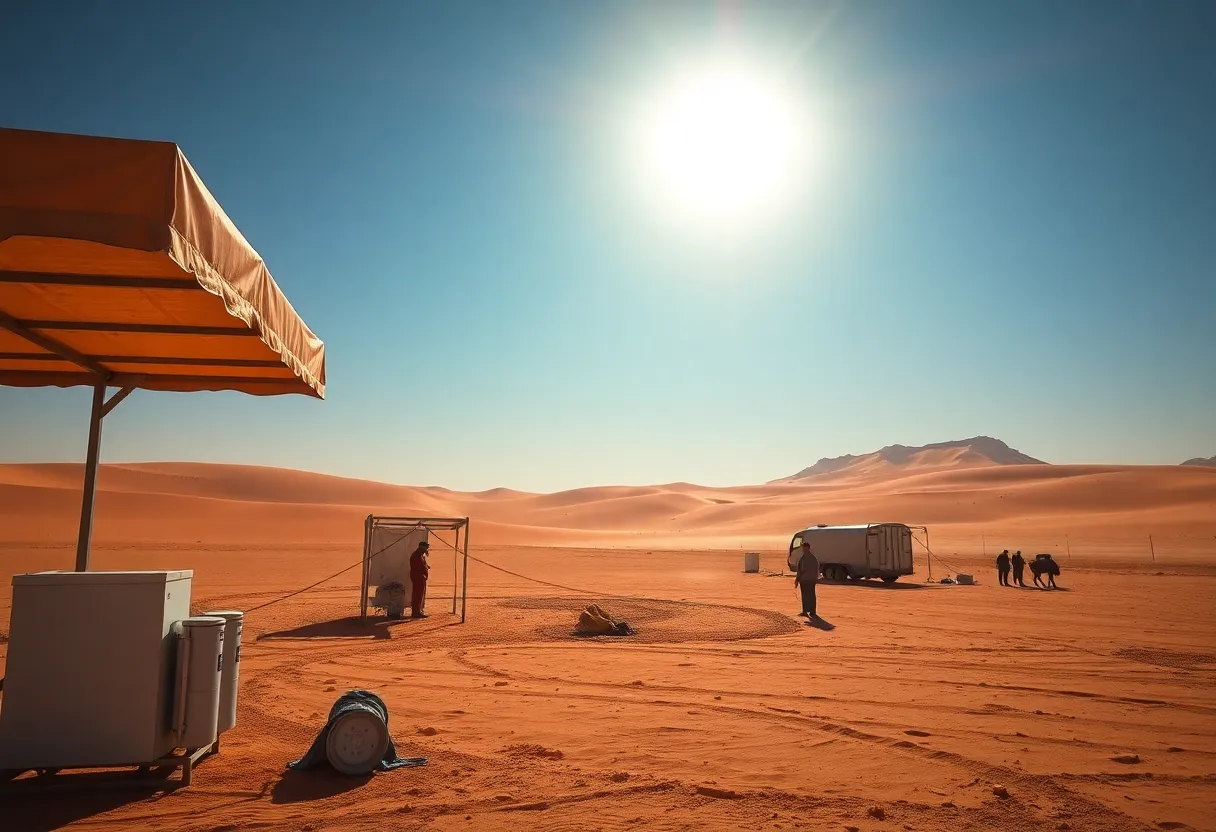 Desert landscape illustrating extreme heat with cooling station