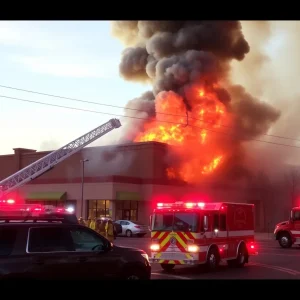 Firefighters working to control a blaze at a commercial building