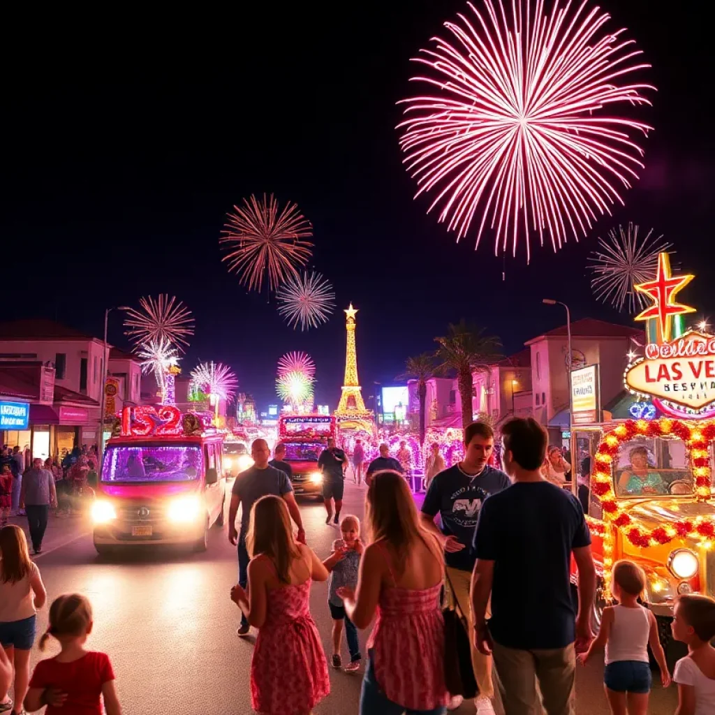 Families enjoying the Fourth of July celebrations with fireworks in Las Vegas.