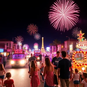 Families enjoying the Fourth of July celebrations with fireworks in Las Vegas.
