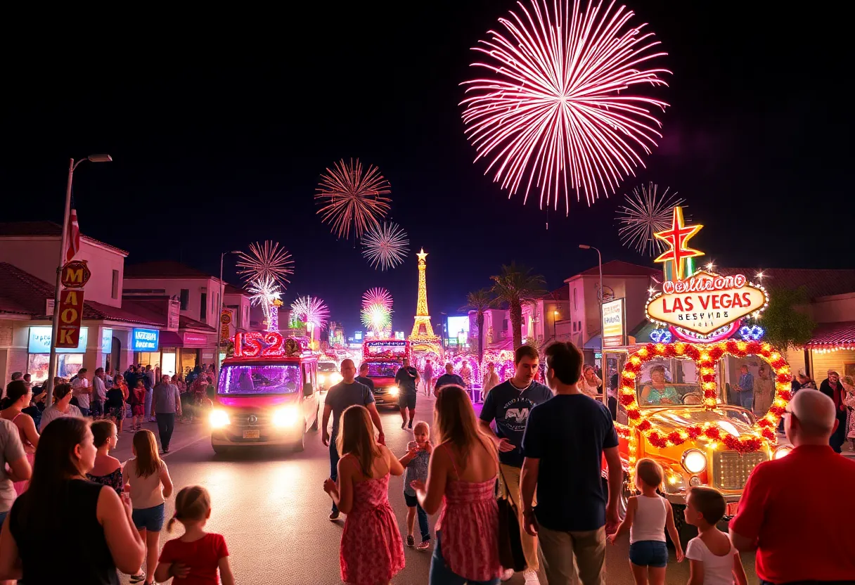 Families enjoying the Fourth of July celebrations with fireworks in Las Vegas.