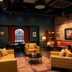 Interior view of the Friends Experience attraction showcasing themed areas.