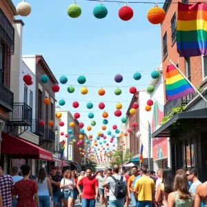 Colorful street in the Fruit Loop, Las Vegas, showcasing LGBTQ+ pride.