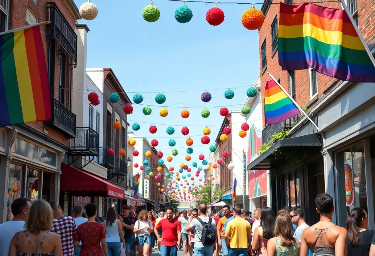 Colorful street in the Fruit Loop, Las Vegas, showcasing LGBTQ+ pride.