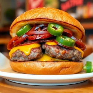 Gourmet burger with wagyu patties and toppings