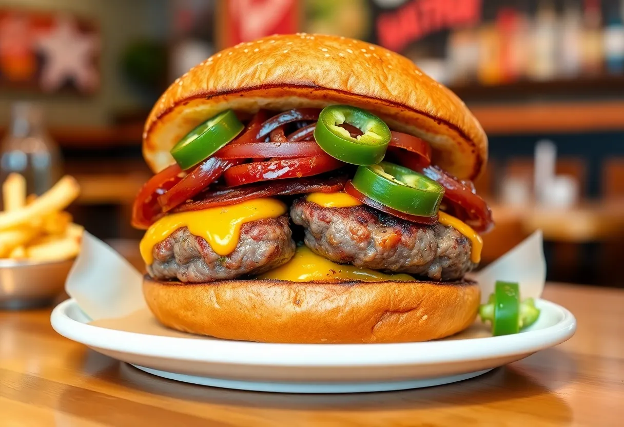 Gourmet burger with wagyu patties and toppings