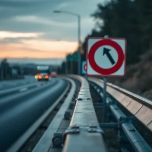 Highway scene depicting a guardrail and traffic signs, representing public safety concerns.
