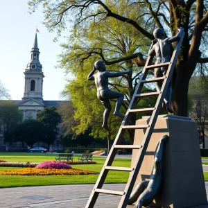 Statue symbolizing hope and resilience with two boys climbing a ladder