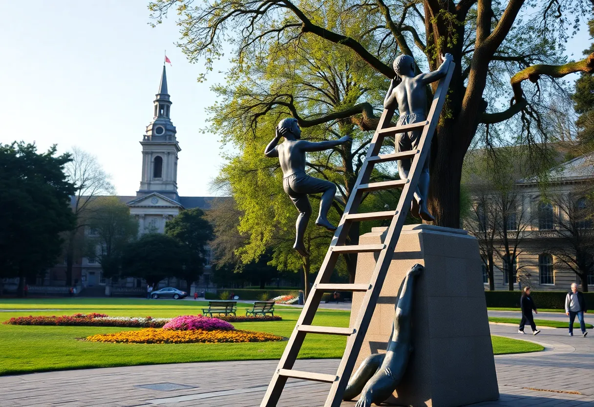 Statue symbolizing hope and resilience with two boys climbing a ladder