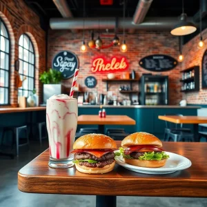 Interior of Holsteins Shakes & Buns with milkshakes and burgers