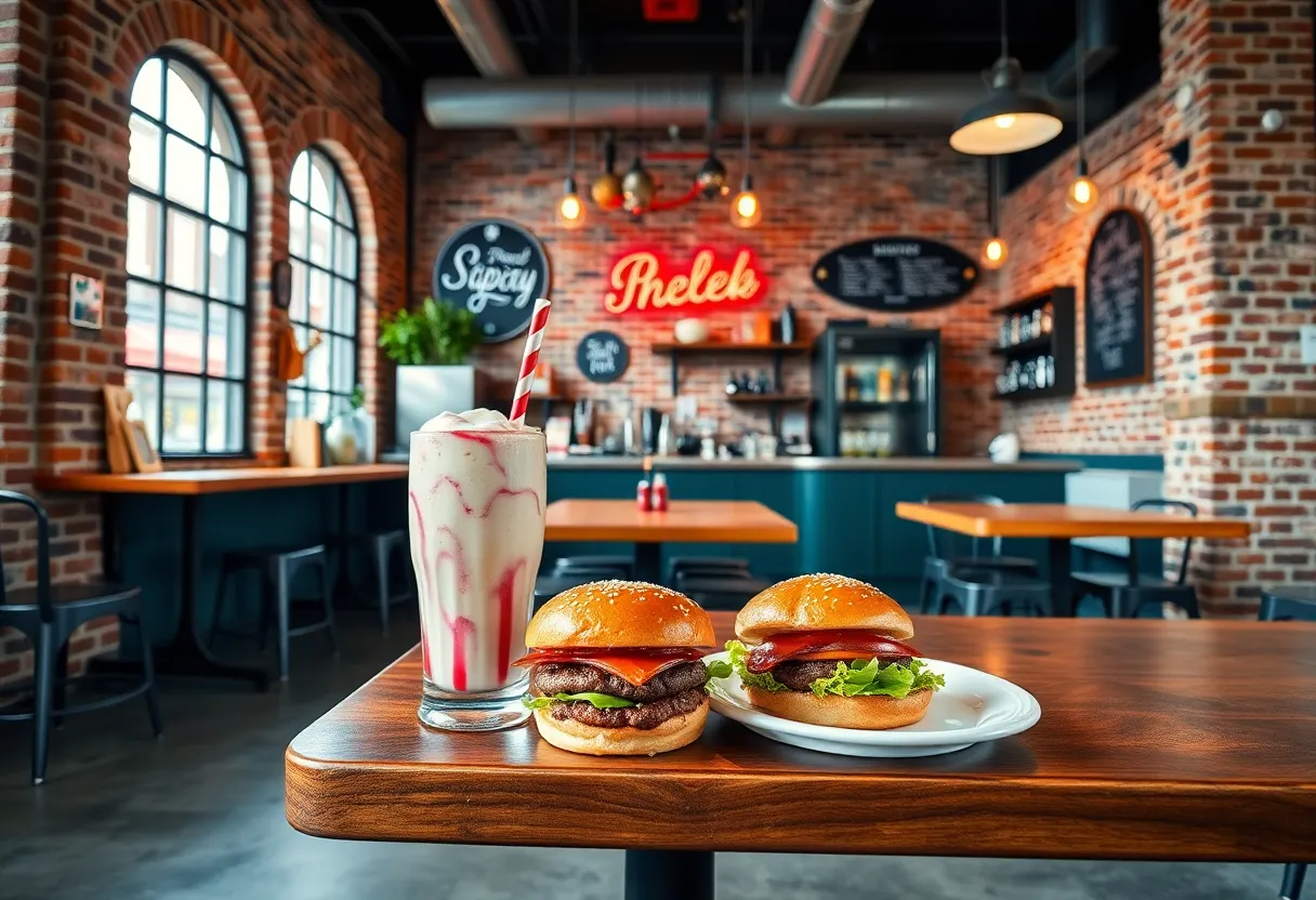 Interior of Holsteins Shakes & Buns with milkshakes and burgers