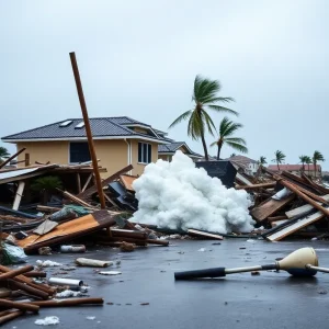 Devastation caused by Hurricane Dorian, showing destroyed homes and landscape.