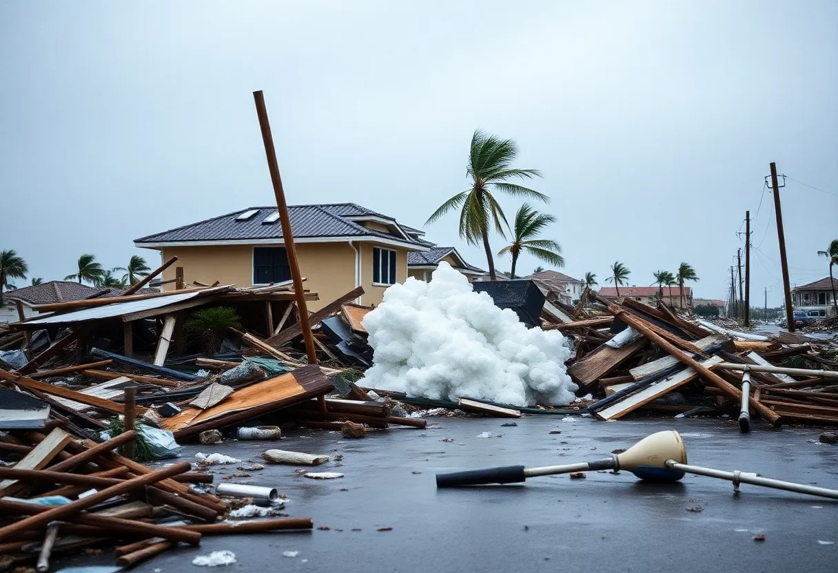 Devastation caused by Hurricane Dorian, showing destroyed homes and landscape.