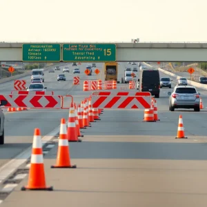 Traffic on I-15 during lane closures for construction