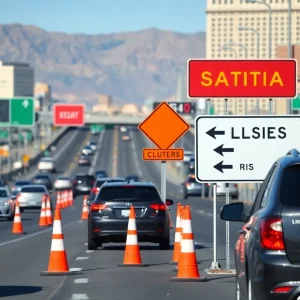 Traffic sign indicating lane closures on I-15 in Las Vegas