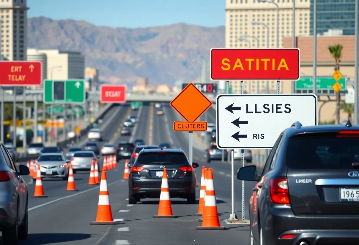 Traffic sign indicating lane closures on I-15 in Las Vegas