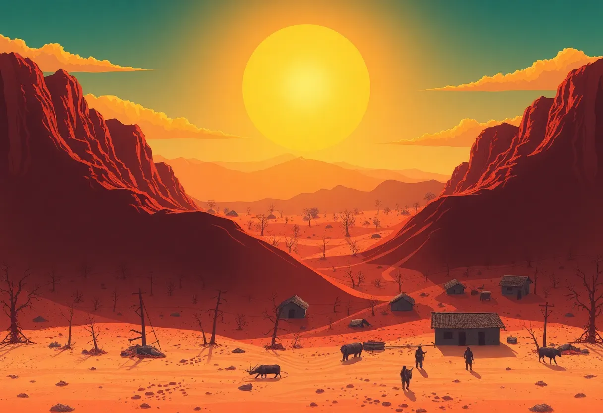 Illustration showing the effects of extreme heat on communities and landscapes