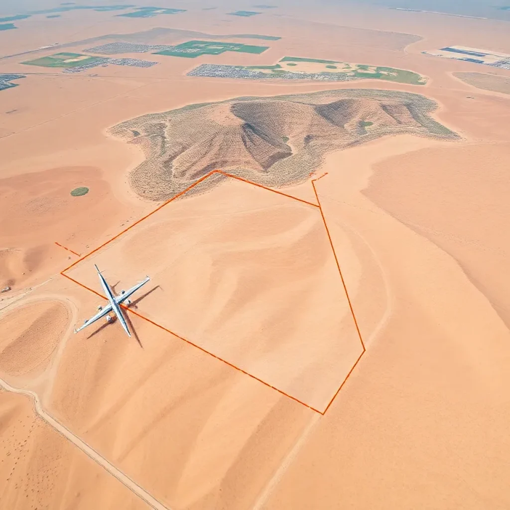 Aerial image of the proposed Ivanpah Valley Airport site in the desert.
