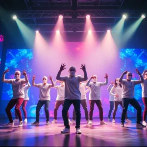 Dancers in white masks performing on stage with projection mapping and LED visuals at MGM Grand.