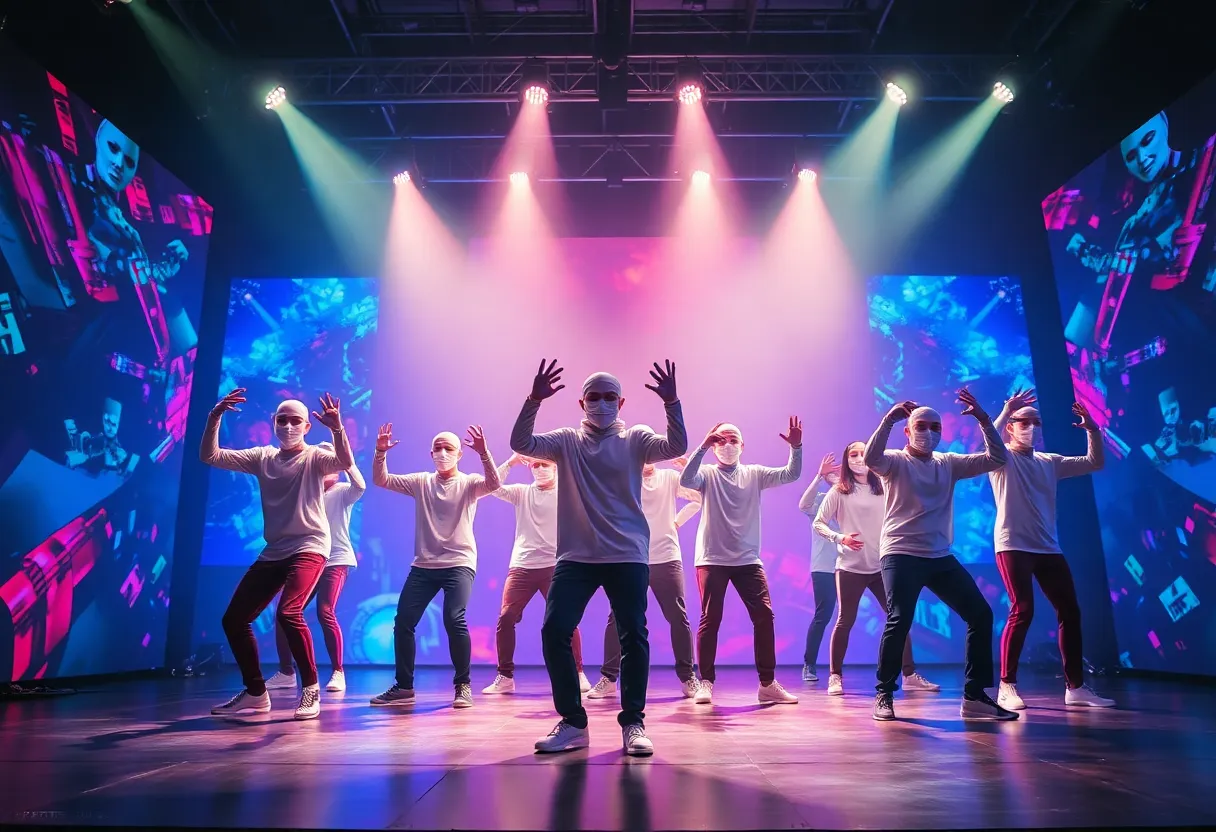 Dancers in white masks performing on stage with projection mapping and LED visuals at MGM Grand.