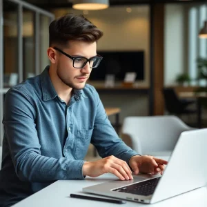 Young professional searching for jobs on a laptop