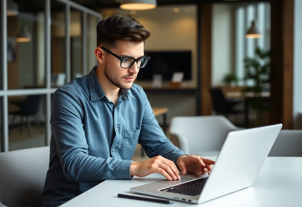 Young professional searching for jobs on a laptop