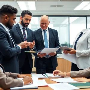Attorneys discussing a judicial survey in a professional office setting.