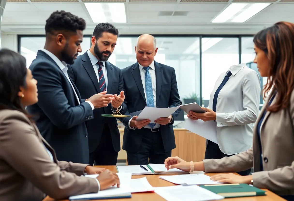 Attorneys discussing a judicial survey in a professional office setting.