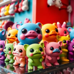 Colorful Labubu collectible toys on display
