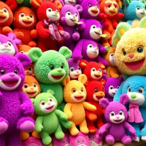 A collection of various Labubu plush dolls arranged in a Pop Mart store