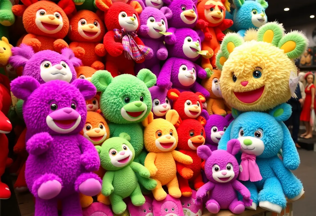 A collection of various Labubu plush dolls arranged in a Pop Mart store