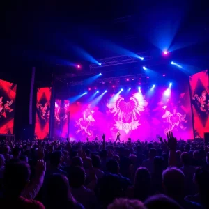 A visually stunning concert featuring a vibrant stage with dramatic lighting and an enthusiastic audience.