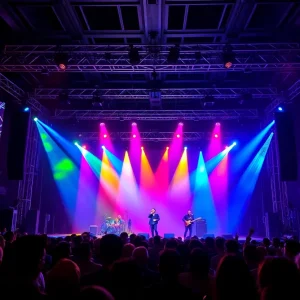 Concert stage with colorful lights for Lady Gaga's tour