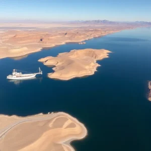 Rising water levels at Lake Mead with landscape view