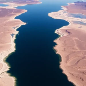 Aerial view of Lake Mead with visible receding water levels and muddy shorelines.