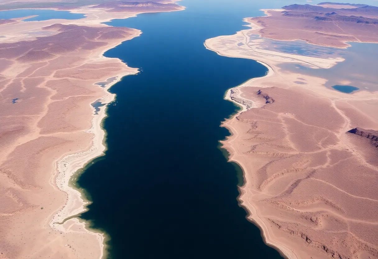 Aerial view of Lake Mead with visible receding water levels and muddy shorelines.