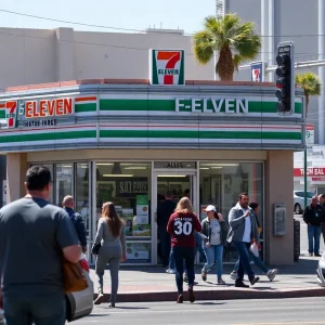 A street view of a 7-Eleven store in Las Vegas with people walking.