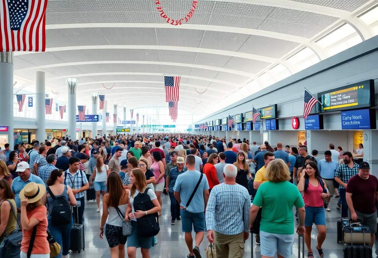 Travelers at Las Vegas airport during Independence Day weekend
