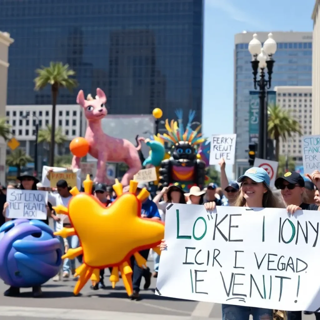 Art installations in Las Vegas with a backdrop of peaceful protests.