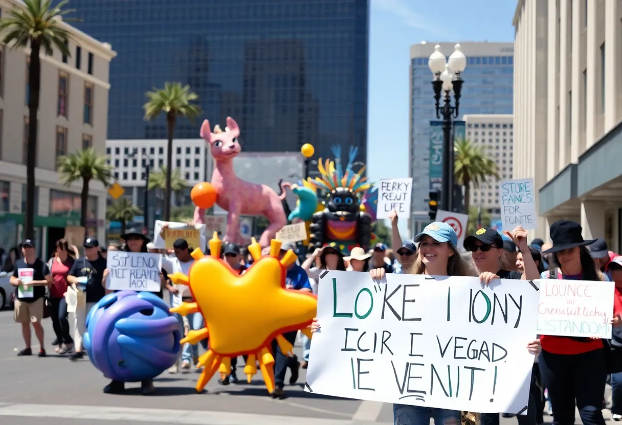 Art installations in Las Vegas with a backdrop of peaceful protests.