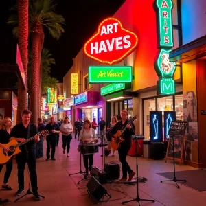 Musicians performing live music in Las Vegas's Arts District at night