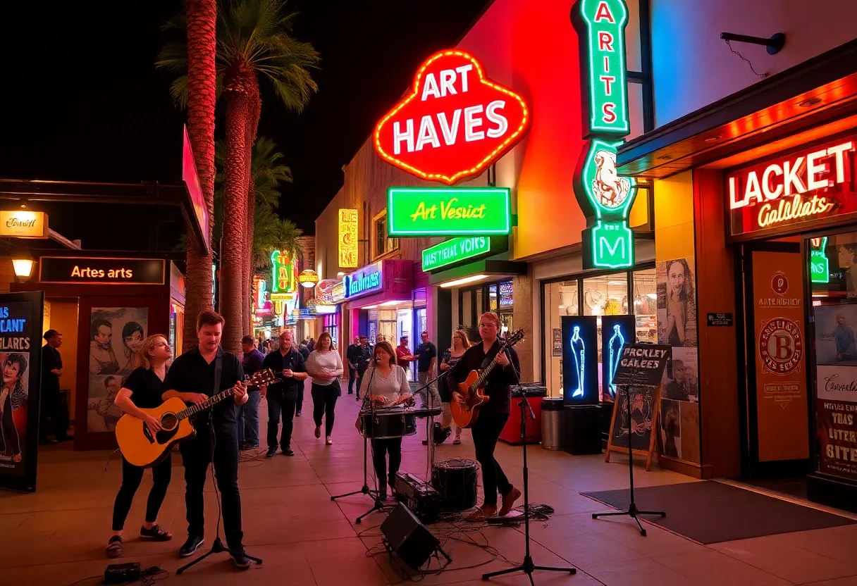 Musicians performing live music in Las Vegas's Arts District at night