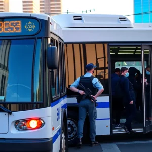 City bus in Las Vegas with armed guards ensuring safety.