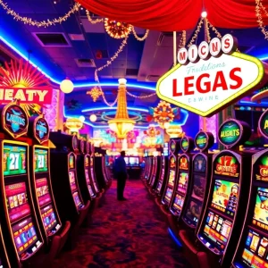 Vibrant scene of a Las Vegas casino with slot machines and decorations