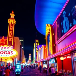 An illuminated view of Las Vegas casinos filled with people enjoying gambling activities.