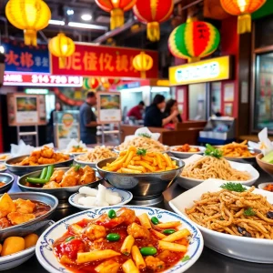 A variety of East Asian dishes served in a restaurant setting in Las Vegas's Chinatown.
