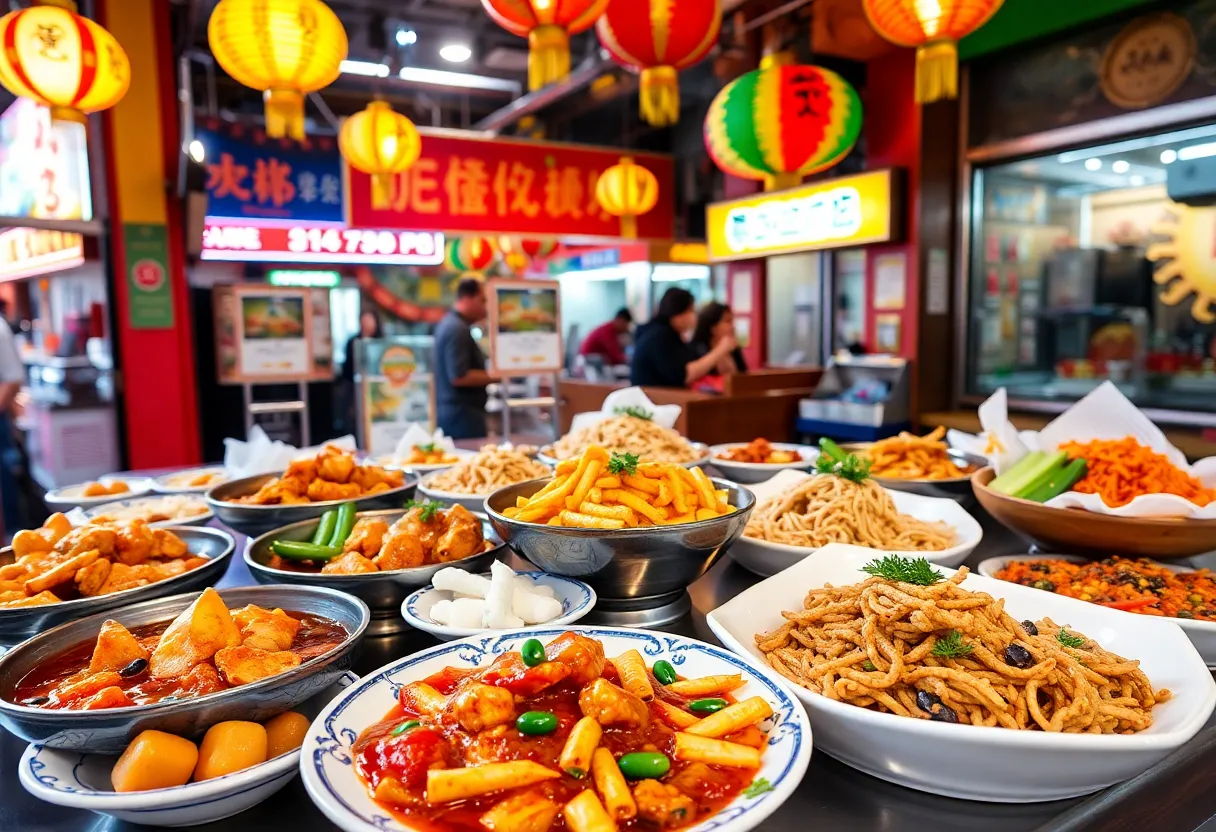 A variety of East Asian dishes served in a restaurant setting in Las Vegas's Chinatown.