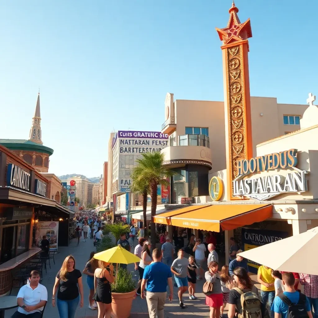 A cityscape view of Las Vegas featuring restaurants and bustling community activities.